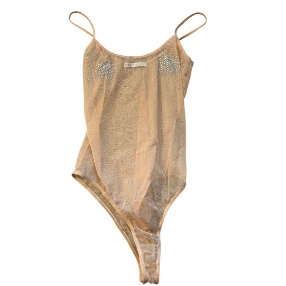 Zara Sheer Nude Mesh Bodysuit W/ Rhinestone Detail Spaghetti Straps S - Picture 3 of 6